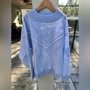 Vintage Jolie Blue Knit Sweater Floral Pattern Oversized